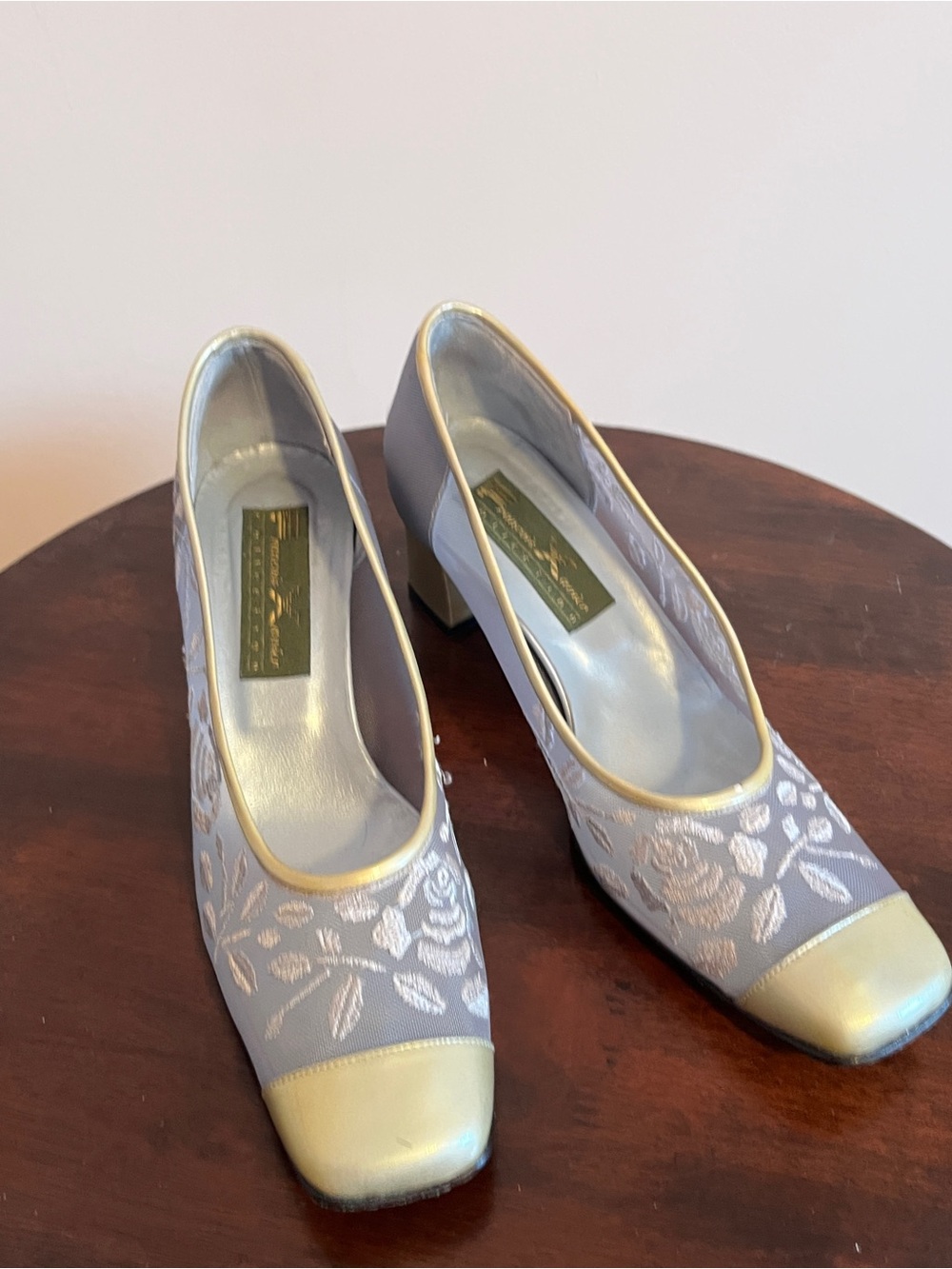 Claude & Francois Xavier Lalanne Gray Floral Block-Heel Pumps with Gold Trim